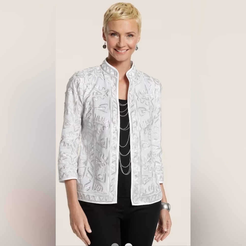 Chico silver embroidered jacket blazer Chico’s. Size 1 = M